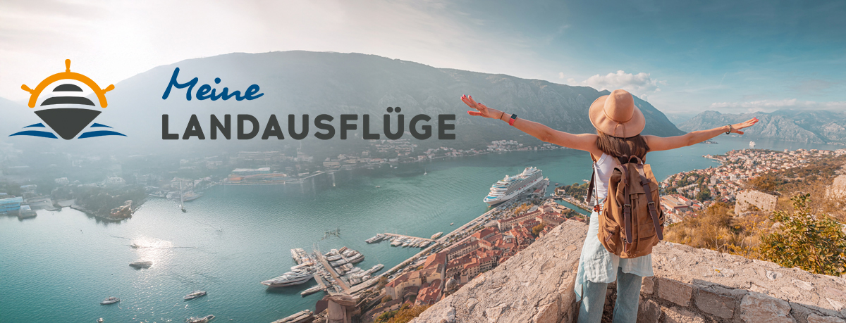 eine Frau an einer Küste, Blick auf das Meer, die Berge & Kreuzfahrtschiffe (mit Logo)