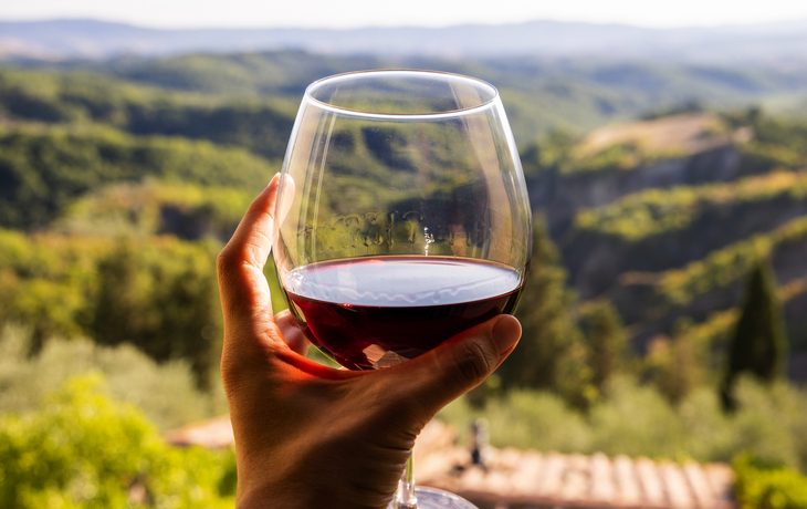 © Boumenjapet - stock.adobe.com - Frau hält ein Glas Rotwein in der Hand, im Hintergrund die Landschaft Italiens