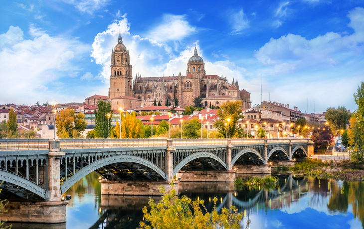 Kathedrale von Salamanca und Brücke über den Fluss Tormes