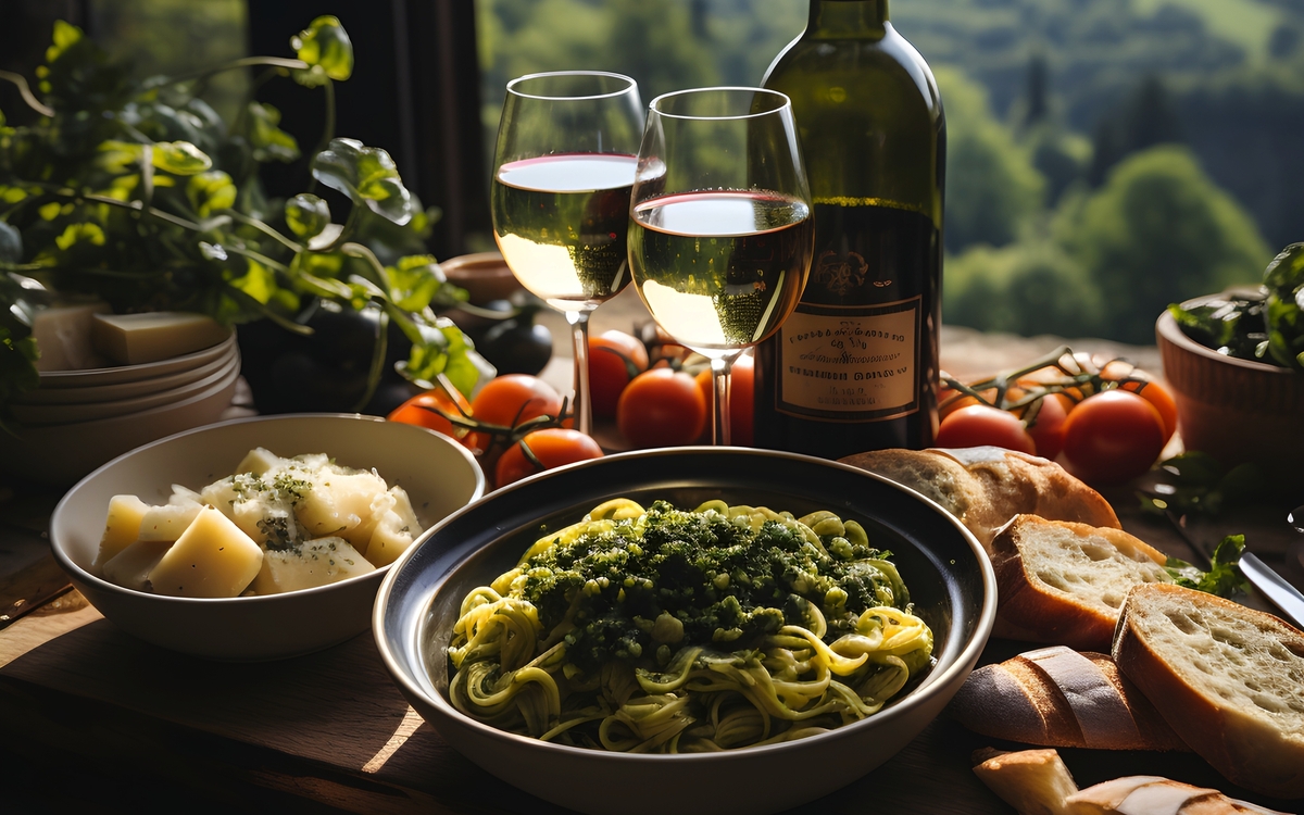 Pasta Tagliatelle im Hintergrund einer italienischen Landschaft - © Krystian - stock.adobe.com