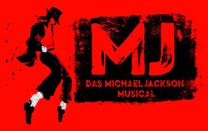 Illustriertes Bild eines Tänzers und Text: MJ, Das Michael Jackson Musical.