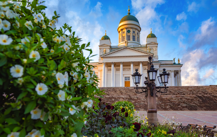 Blumen im Vordergrund, Helsinki Dom im Hintergrund unter blauem Himmel. - © Grispb - stock.adobe.com