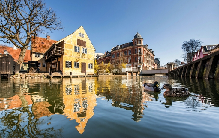 Fachwerkhäuser an einem Fluss an einem sonnigen Tag mit blauem Himmel. - © Jan Salskov -stock.adobe.com