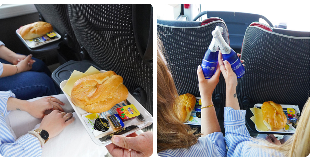 Links, Stanglmeier Bordfrühstück im Bus (Kässe, Wurst & Marmelade) | Rechts, Sekt, Piccolini während der Busfahrt