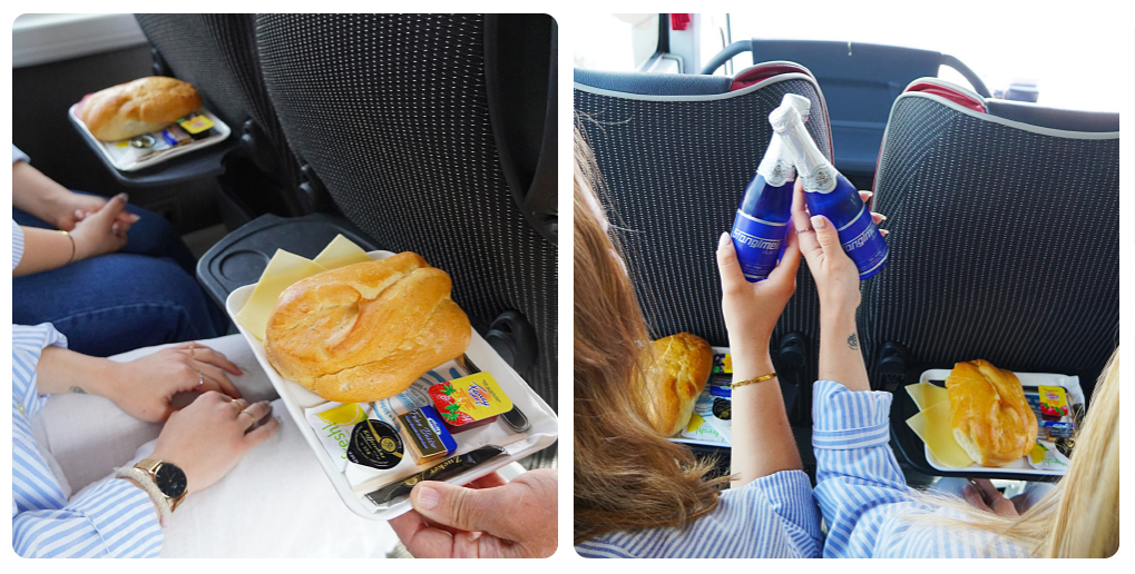 Links, Stanglmeier Bordfrühstück im Bus (Kässe, Wurst & Marmelade) | Rechts, Sekt, Piccolini während der Busfahrt